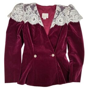 Vtg Watters & Watters Velvet Blazer Red Women 6 Lace Pearl Edwardian Victorian
